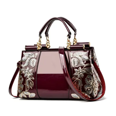 Women's Exaggerated Patent Leather Embroidered Sequin Large Capacity Square Handbag