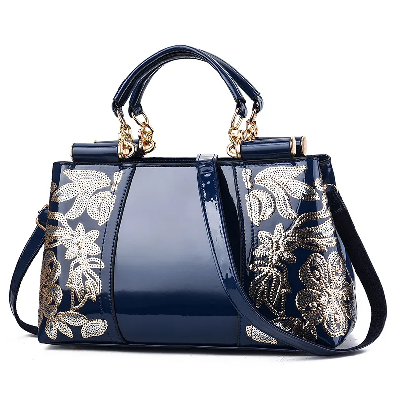 Women's Exaggerated Patent Leather Embroidered Sequin Large Capacity Square Handbag