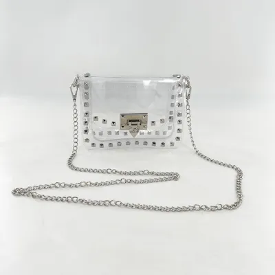 Women Fashion Summer Metal Chain Rivet Lock Clear PVC Shoulder Bag