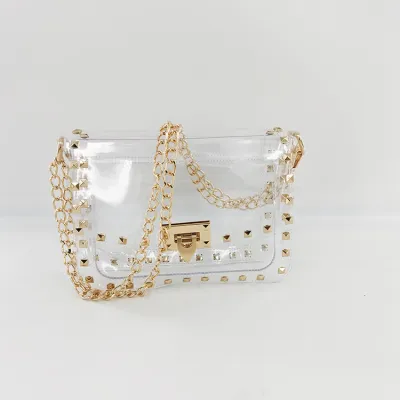 Women Fashion Summer Metal Chain Rivet Lock Clear PVC Shoulder Bag