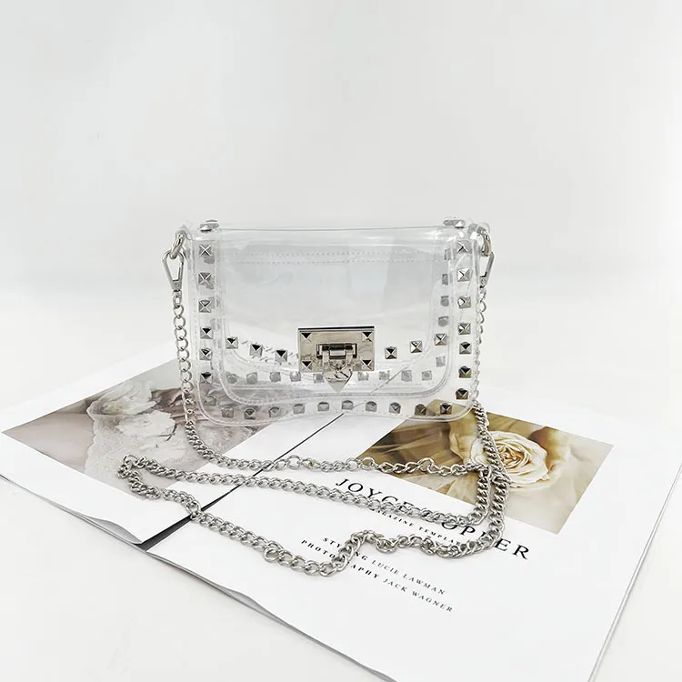 Women Fashion Summer Metal Chain Rivet Lock Clear PVC Shoulder Bag