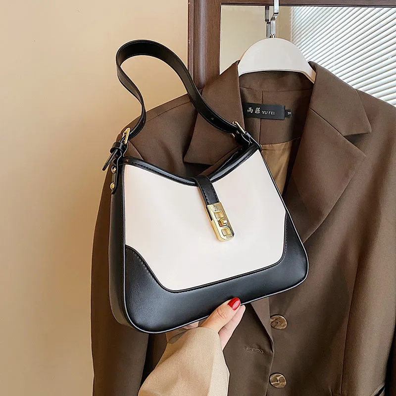 Fashion Women Color Blocking Pu Leather Metal Lock Underarm Shoulder Bag