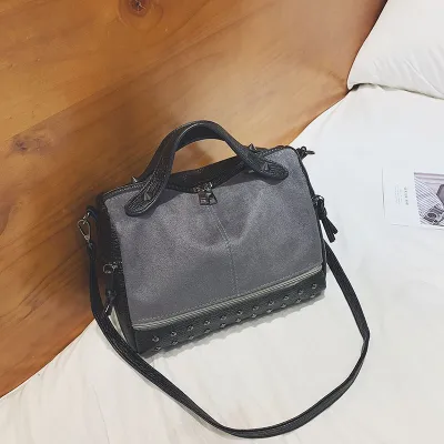 Women Vintage Leather Casual Portable Simple Fashion Rivet Shoulder Boston Bag