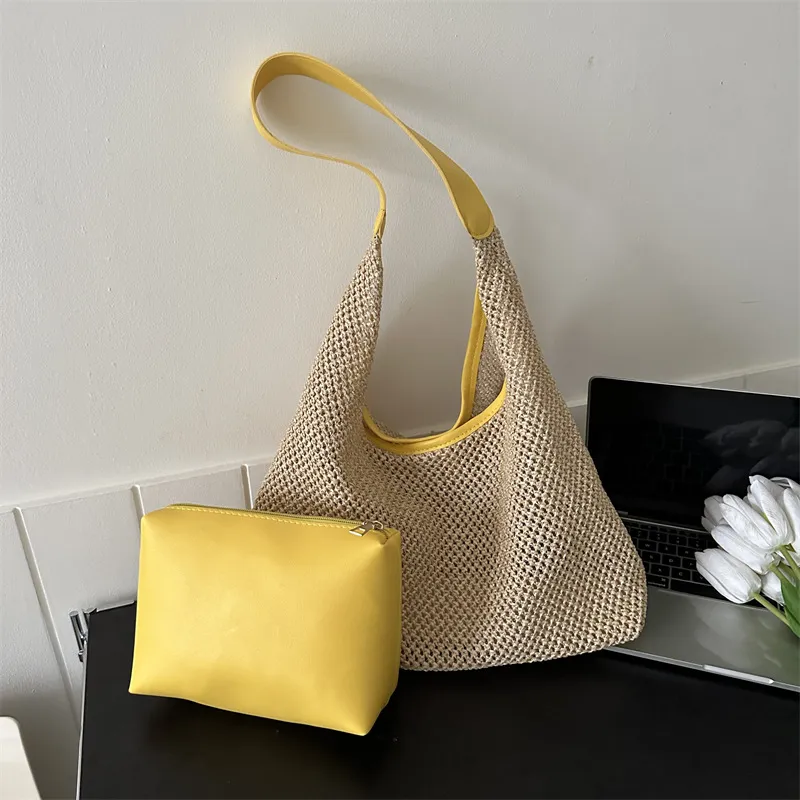 Women Summer Beach Woven Straw Shoulder Bag 2 In 1