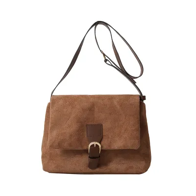 Spring Vintage Frosted Suede Leather Women Commuter Flap Shoulder Bag