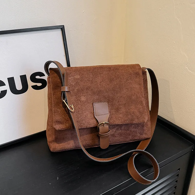 Spring Vintage Frosted Suede Leather Women Commuter Flap Shoulder Bag