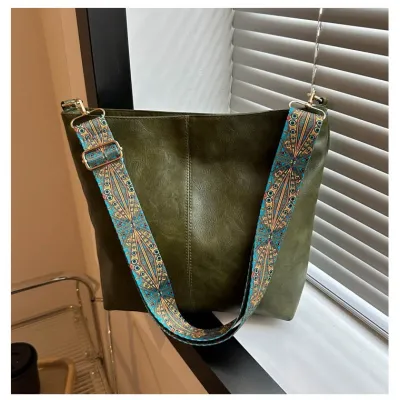 Women Vintage Ethnic Large PU Shoulder Bucket Bag with Zipper