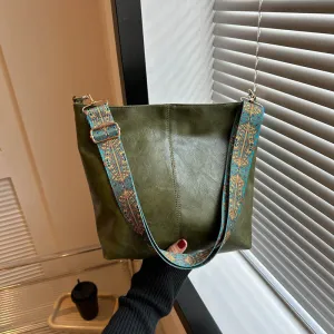 Women Vintage Ethnic Large PU Shoulder Bucket Bag with Zipper