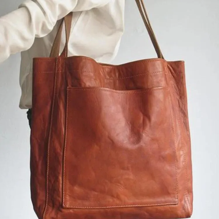 Women Soft Leather Handbag Shoulder Vintage Waxed Large Capacity Bag