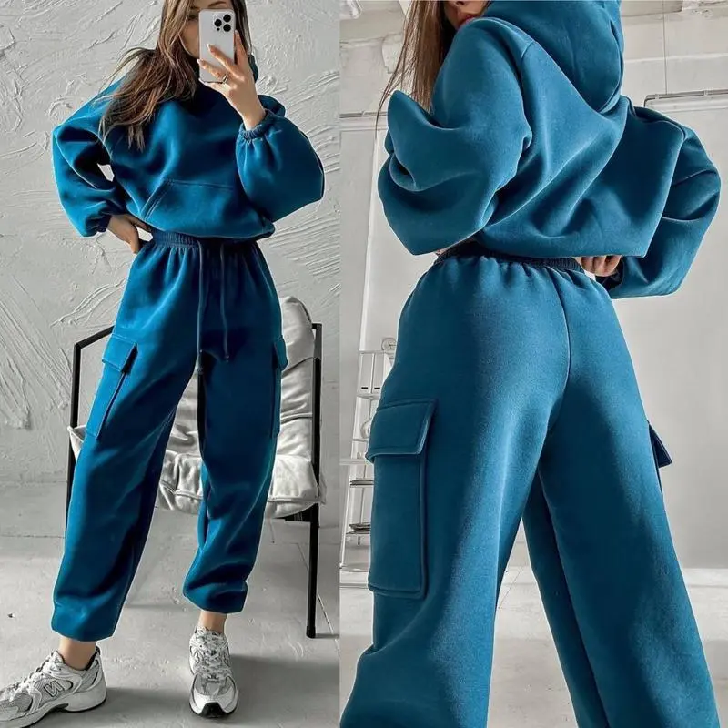 Autumn Winter Women Casual Loose Solid Color Long Sleeve Hooded Sweater Jogger Pants Two-Piece Set