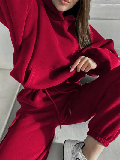 Autumn Winter Women Casual Loose Solid Color Long Sleeve Hooded Sweater Jogger Pants Two-Piece Set
