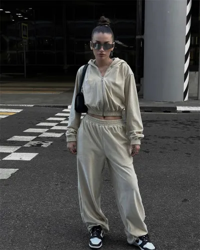 Athleisure Women Casual Solid Color Zipper Long-Sleeved Hooded Sweater Pants Two-Piece Set