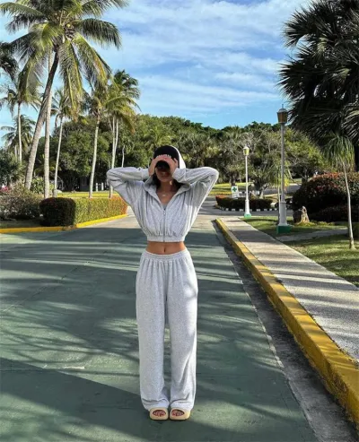 Athleisure Women Casual Solid Color Zipper Long-Sleeved Hooded Sweater Pants Two-Piece Set