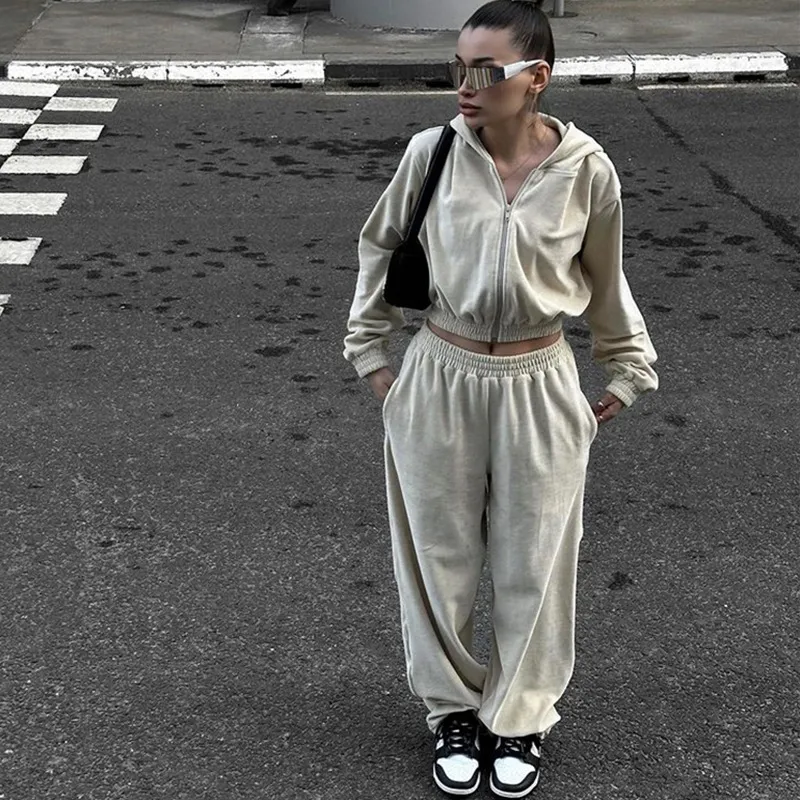 Athleisure Women Casual Solid Color Zipper Long-Sleeved Hooded Sweater Pants Two-Piece Set
