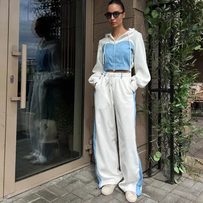 Women Casual Color-Matching Long-Sleeve Zipper Hooded Sweat Drawstring Pants Two-Piece Set