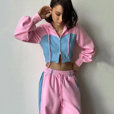 Women Casual Color-Matching Long-Sleeve Zipper Hooded Sweat Drawstring Pants Two-Piece Set