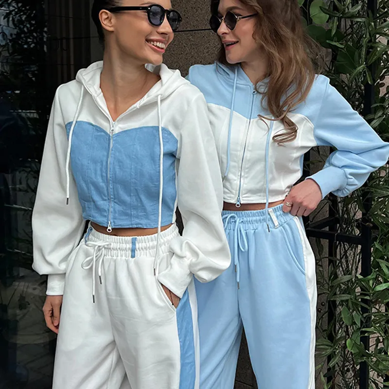 Women Casual Color-Matching Long-Sleeve Zipper Hooded Sweat Drawstring Pants Two-Piece Set