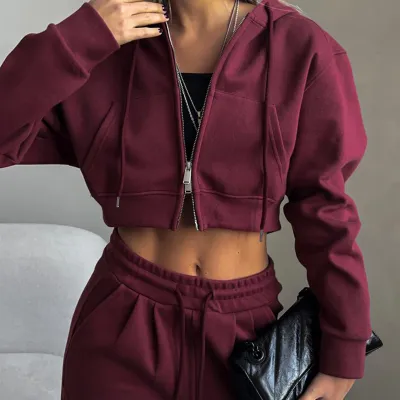 Autumn Winter Women Casual Solid Color Long Sleeve Zipper Hooded Sweater Drawstring Pants Set