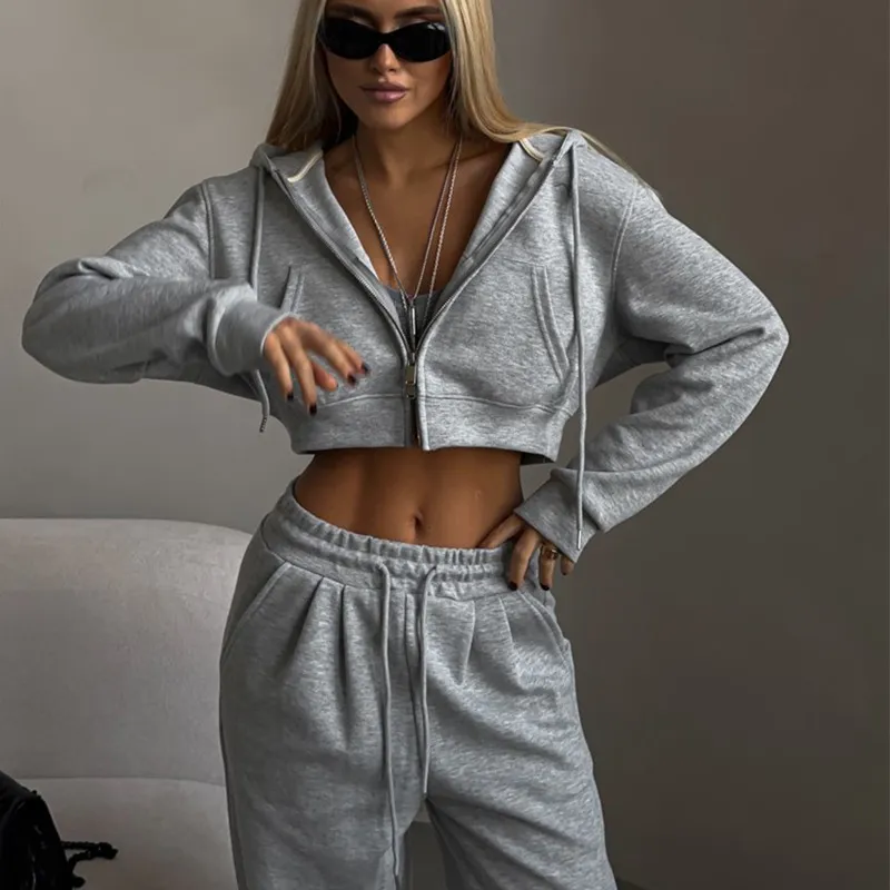 Autumn Winter Women Casual Solid Color Long Sleeve Zipper Hooded Sweater Drawstring Pants Set