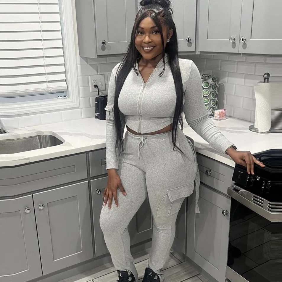 Women Casual Solid Color Long-Sleeved Zipper Hoodie Two-Piece Cargo Pants Set
