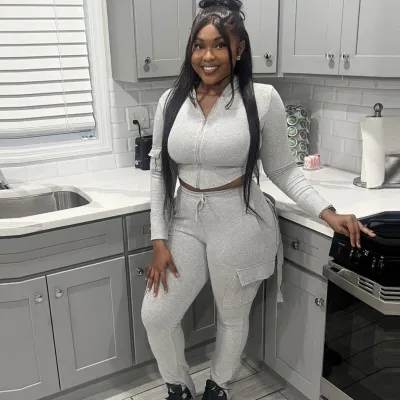 Women Casual Solid Color Long-Sleeved Zipper Hoodie Two-Piece Cargo Pants