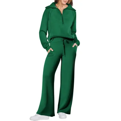 Autumn Winter Women Casual Solid Color Half Zipper Lapel Long Sleeve Sweatshirt Pants Two-Piece Set