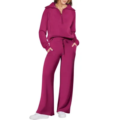 Autumn Winter Women Casual Solid Color Half Zipper Lapel Long Sleeve Sweatshirt Pants Two-Piece Set