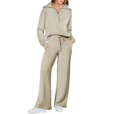 Autumn Winter Women Casual Solid Color Half Zipper Lapel Long Sleeve Sweatshirt Pants Two-Piece Set