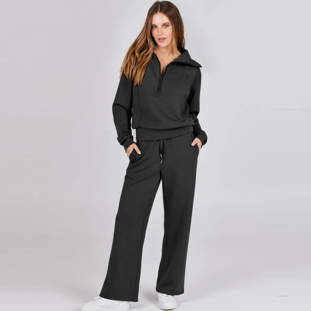 Autumn Winter Women Casual Solid Color Half Zipper Lapel Long Sleeve Sweatshirt Pants Two-Piece Set