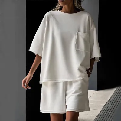 Women Casual Solid Color Round Neck Short Sleeve Sweatshirt Shorts Two-Piece Set