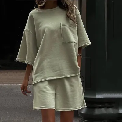 Women Casual Solid Color Round Neck Short Sleeve Sweatshirt Shorts Two-Piece Set