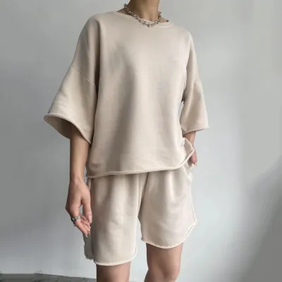 Women Casual Solid Color Round Neck Short Sleeve Sweatshirt Bermuda Shorts Two-Piece Set