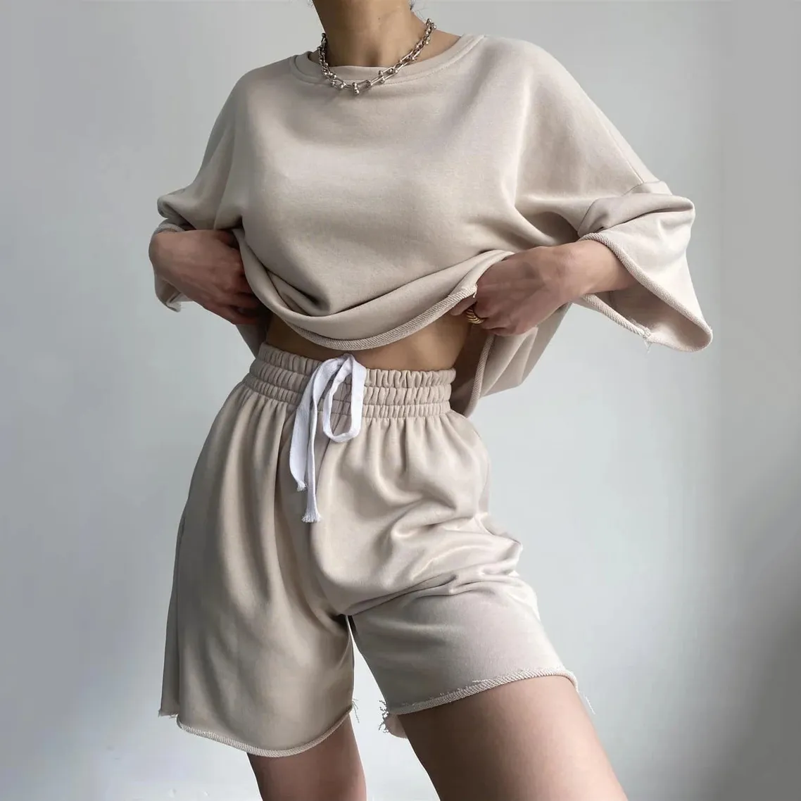 Women Casual Solid Color Round Neck Short Sleeve Sweatshirt Bermuda Shorts Two-Piece Set