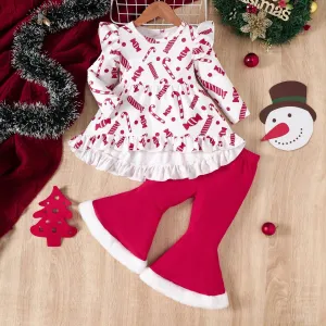 Kids Toddler Girls Casual Cute Christmas Candy Cartoon Print Long Sleeve Top Flare Trousers Set