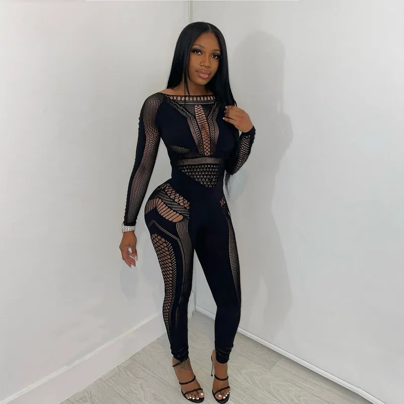 Women Sexy Hollow-Out Lace Long-Sleeved Jumpsuit Street Hipster Style