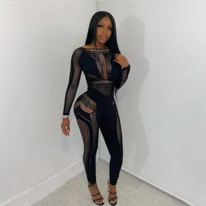 Women Sexy Hollow-Out Lace Long-Sleeved Jumpsuit Street Hipster Style