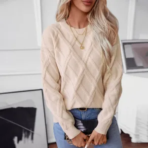 Winter Women Street Style Polyester Rhombus Pattern Crewneck Knit Sweater