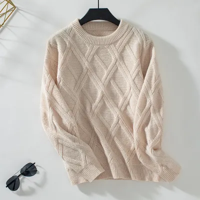 Winter Women Street Style Polyester Rhombus Pattern Crewneck Knit Sweater