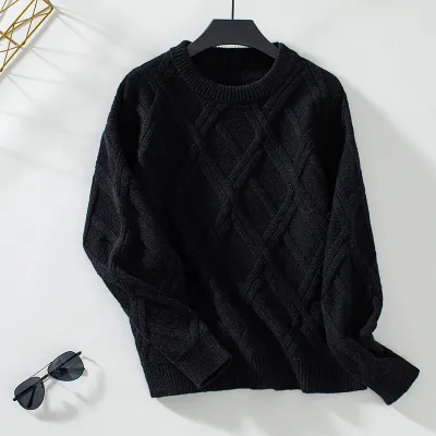 Winter Women Street Style Polyester Rhombus Pattern Crewneck Knit Sweater