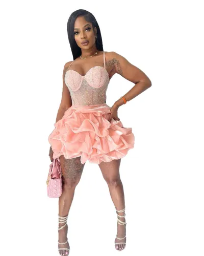 Women Fashion Sexy Rhinestone Sling Tutu Dress