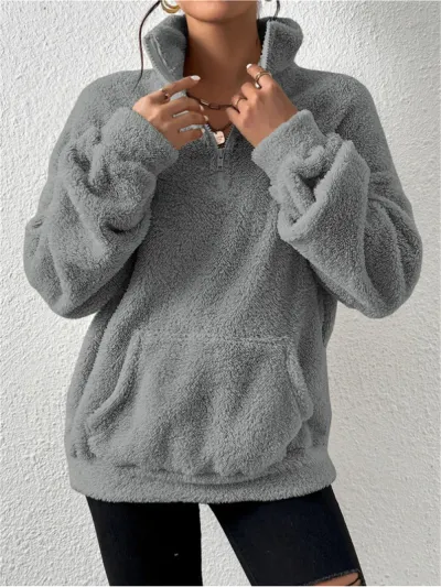Women Autumn Winter Casual Solid Color Plush Stand Collar Pocket Pullover Sweatshirt