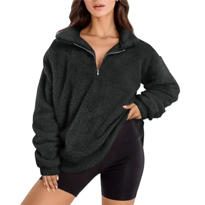 Women Casual Autumn Winter Solid Color Half Zipper Plush Pullover Sweatshirt