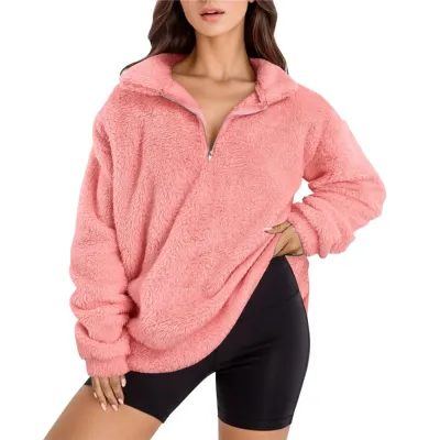 Women Casual Autumn Winter Solid Color Half Zipper Plush Pullover Sweatshirt