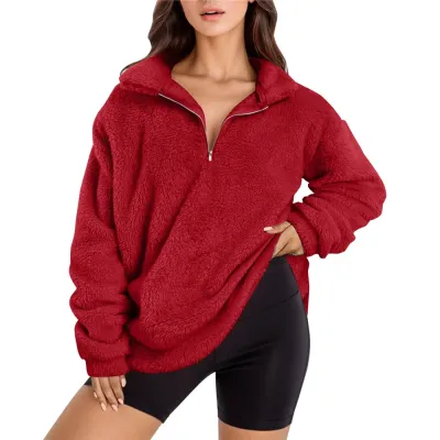 Women Casual Autumn Winter Solid Color Half Zipper Plush Pullover Sweatshirt