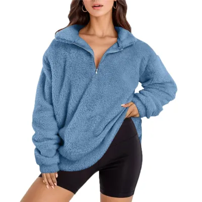 Women Casual Autumn Winter Solid Color Half Zipper Plush Pullover Sweatshirt