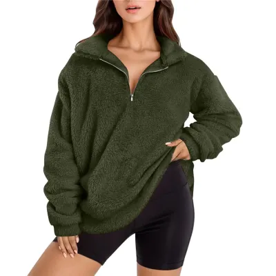 Women Casual Autumn Winter Solid Color Half Zipper Plush Pullover Sweatshirt
