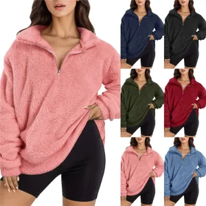 Women Casual Autumn Winter Solid Color Half Zipper Plush Pullover Sweatshirt