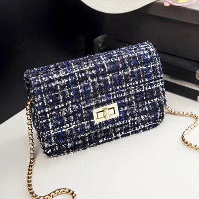 Women Fashionable Woolen Plaid Flap Lock Square Chain Crossbody Bag