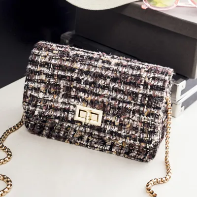 Women Fashionable Woolen Plaid Flap Lock Square Chain Crossbody Bag