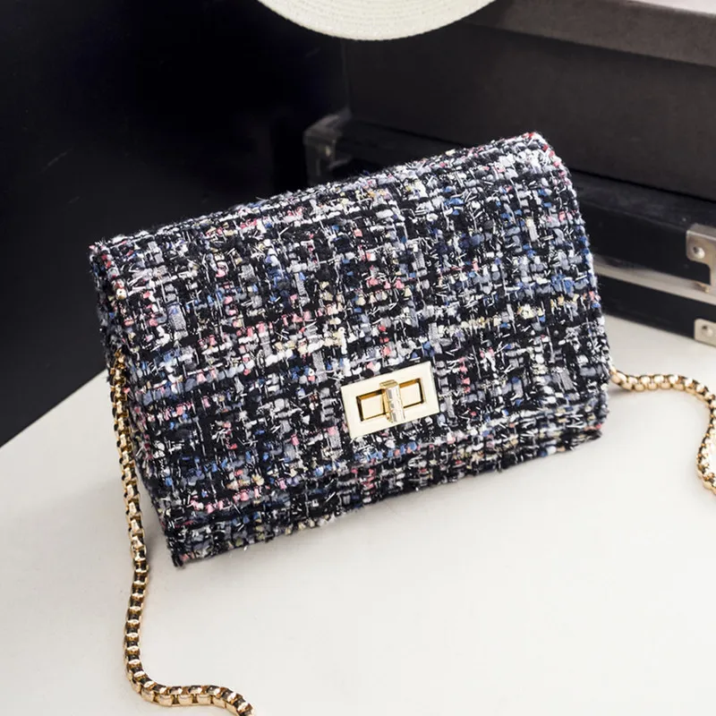 Women Fashionable Woolen Plaid Flap Lock Square Chain Crossbody Bag